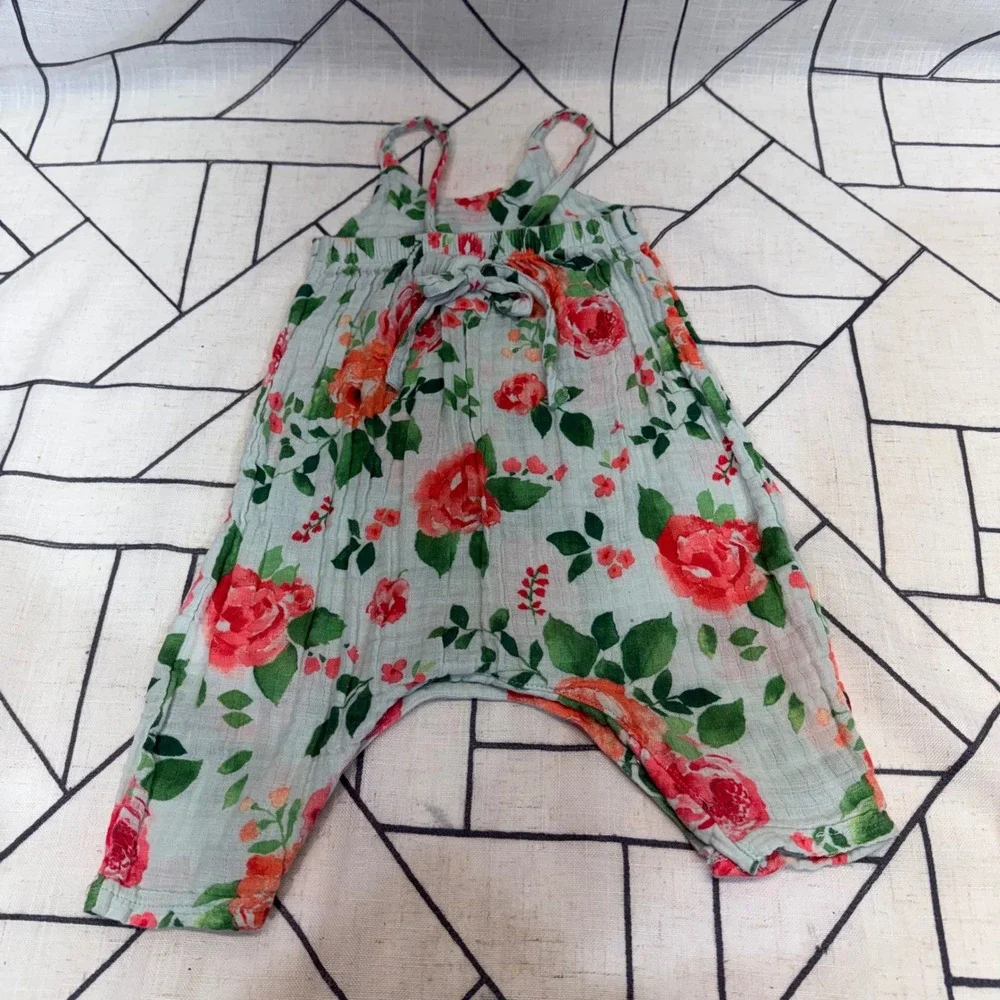 Angel‎ Dear Floral Muslin Romper 6-12M Mint Red Excellent Harem One Piece